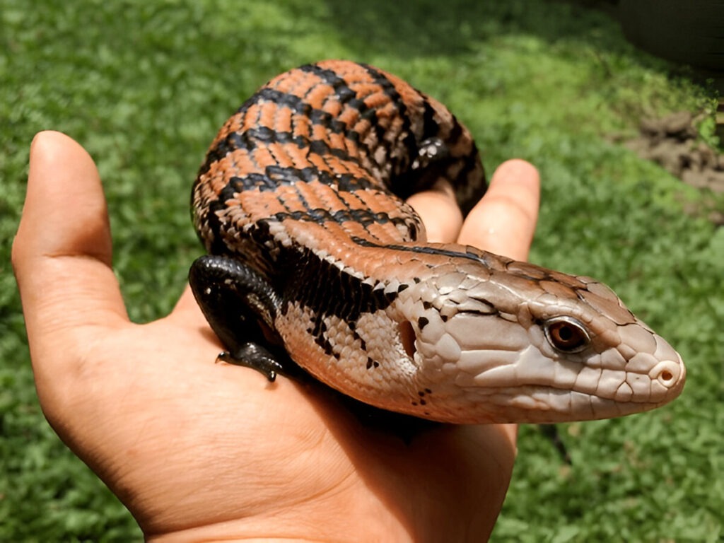 a hand holding a lizard Blue-Tongued Skink