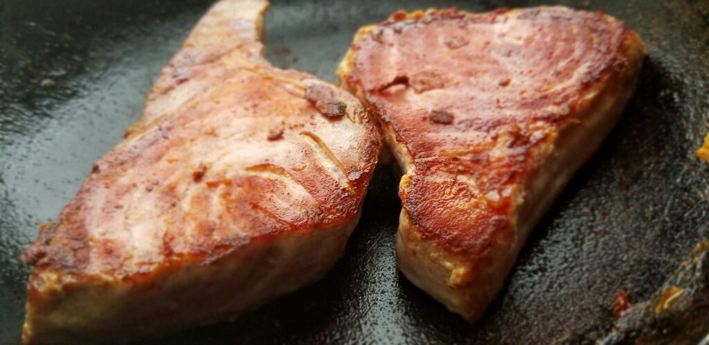 Close-up of perfectly grilled tuna steaks of salmon