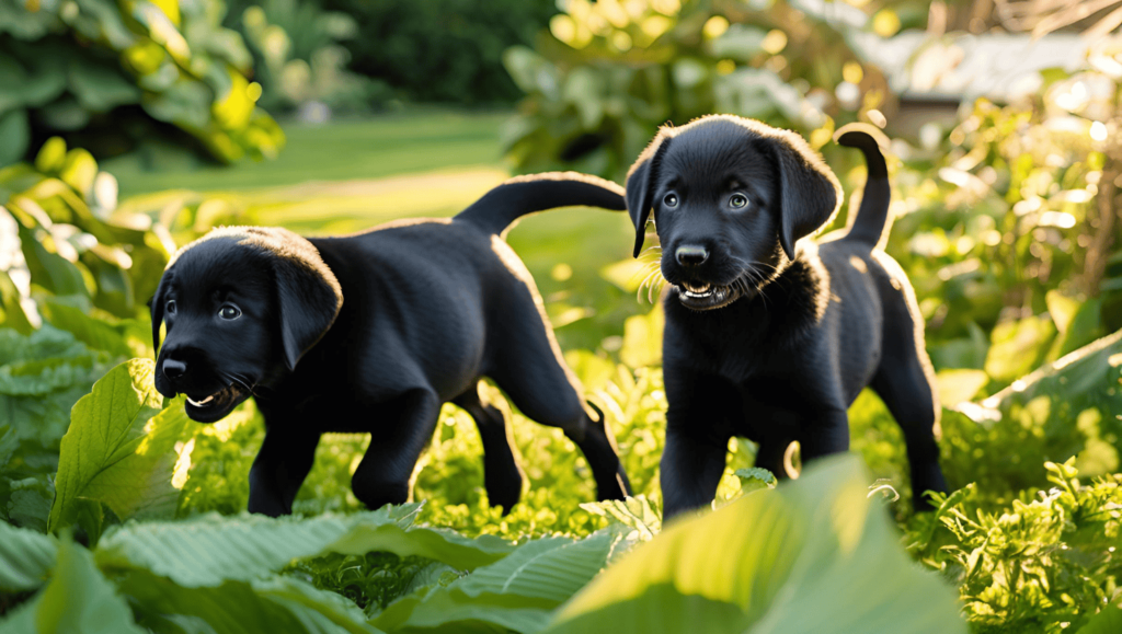 2 Black Labrador Retriever Puppies walking in a green space 