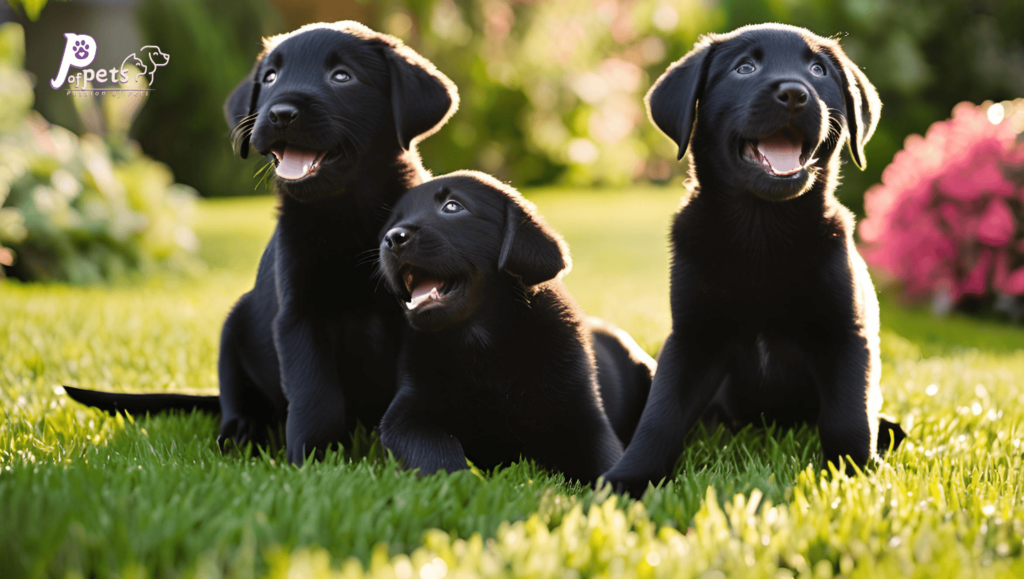 three Black Labrador Retriever Puppies in a garden