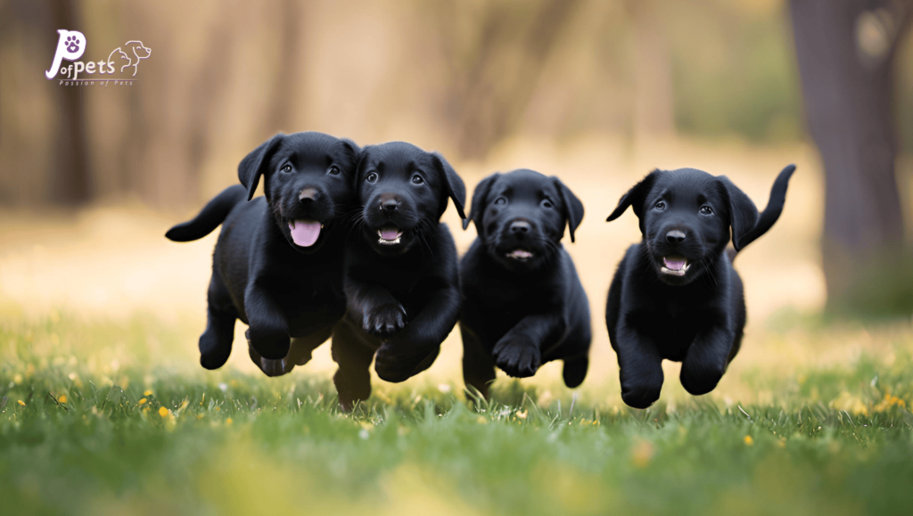 4 Black Labrador Retriever Puppies running 