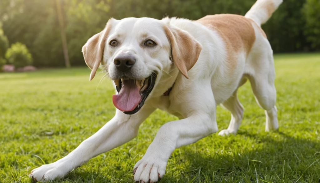 Why Is My Dog Breathing Heavy ,A happy Labrador Retriever mix running on a lush green lawn, its tongue hanging out and ears flopping as it moves. The dog appears energetic and excited, with bright eyes and a joyful expression.