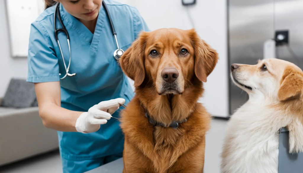  A veterinarian in blue scrubs examining a golden retriever mix in a clinical setting. The vet holds a cotton swab while another light-colored dog looks on curiously. The golden retriever appears calm but slightly concerned.