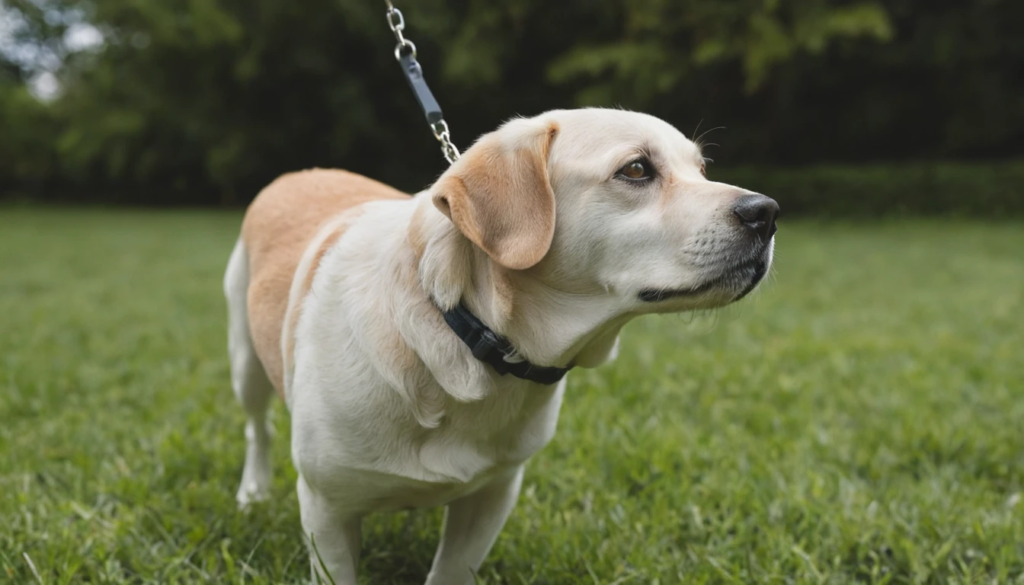 A Labrador Retriever mix with a sturdy build and short coat standing on a leash in a grassy park. The dog looks off to the side attentively, its ears slightly raised as it observes something in the distance.