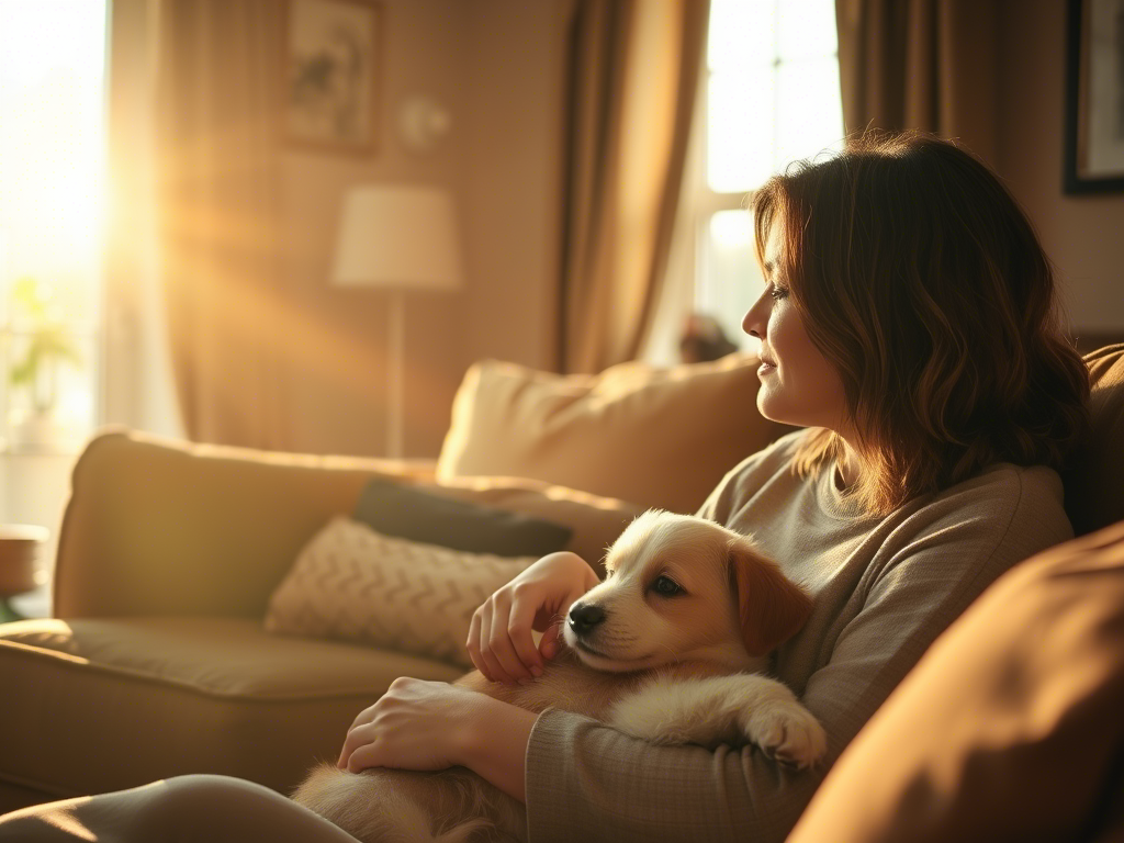 A woman with wavy, shoulder-length hair sits on a cozy couch, holding a small, fluffy puppy in her arms. She gazes out of the window as warm sunlight streams into the room, creating a peaceful and comforting atmosphere. The puppy looks relaxed and content, nestled in her embrace. The background includes a softly lit living space with decorative pillows and furniture.