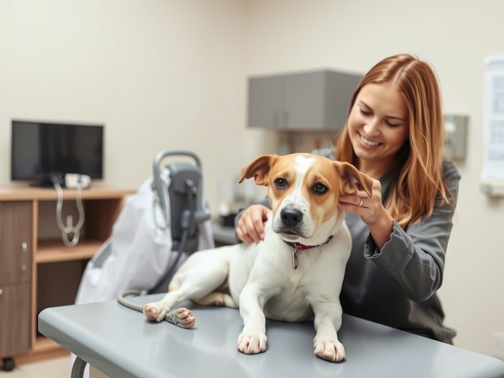 A happy woman with long, light brown hair is gently holding and examining a medium-sized dog with a white and brown coat at a veterinary clinic. The dog is lying on an examination table, looking slightly concerned. The background features medical equipment, cabinets, and a monitor, indicating a professional veterinary setting.