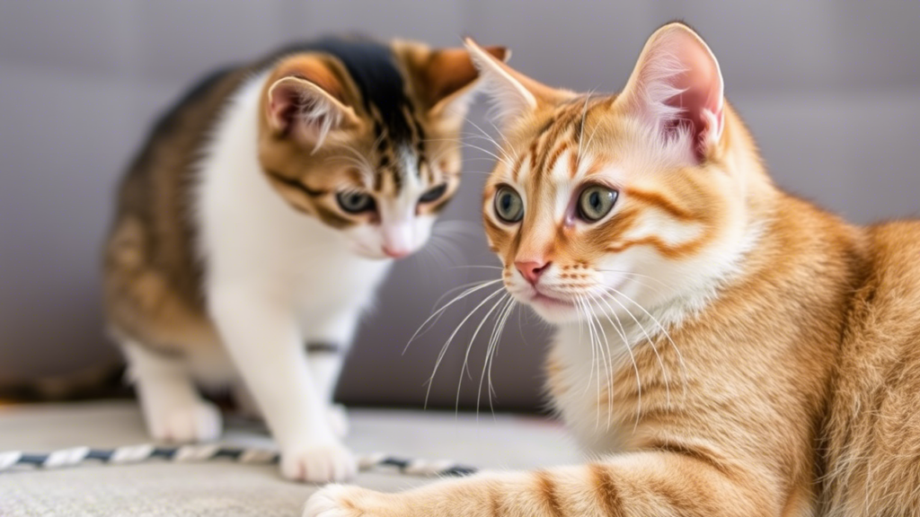 A close-up of two playful kittens, one an orange tabby with wide green eyes, and the other a calico with a white face and dark brown markings. The calico appears to be approaching the tabby with curiosity, while the tabby looks slightly surprised or cautious. The soft, neutral-toned background emphasizes the kittens’ expressions. Understanding Feline Behavior