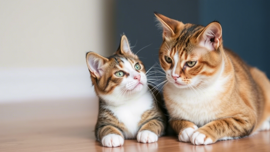 Two cats, one an orange tabby and the other a calico with green eyes, are lying on a wooden floor facing each other. The calico looks curiously at the orange tabby, which has a more serious expression. The background is softly blurred, creating a warm and cozy atmosphere.