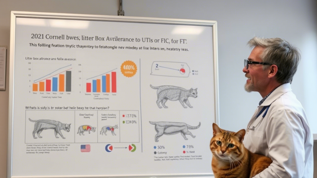 A male veterinarian with gray hair, glasses, and a beard is holding a large, orange tabby cat while standing next to a research poster. The poster contains charts, graphs, and anatomical illustrations of cats, discussing feline litter box behavior and urinary health. Some text on the poster appears slightly garbled. The veterinarian is smiling as he looks at the presentation.