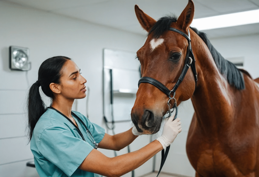 A veterinarian examines a brown horse in a clinical setting, checking for Symptoms of Equine Colic . The vet, wearing scrubs and gloves, gently inspects the horse's face and head while the animal appears calm and cooperative. This scene highlights the importance of regular veterinary care to identify and address potential health issues like colic in horses