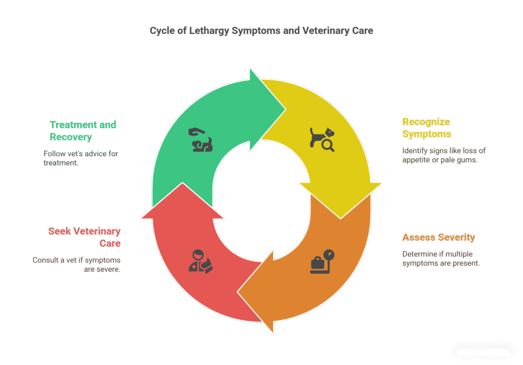 A circular infographic titled "Cycle of Lethargy Symptoms and Veterinary Care" illustrates the steps involved in managing lethargy in pets. The cycle includes four key stages:
Recognize Symptoms : Identify signs such as loss of appetite or pale gums.
Assess Severity : Determine if multiple symptoms are present.
Seek Veterinary Care : Consult a vet if symptoms are severe.
Treatment and Recovery : Follow the vet's advice for treatment.
Each stage is represented by a colored segment (green, yellow, orange, red) with corresponding icons: a paw print, a dog with a magnifying glass, a doctor symbol, and a thermometer. Arrows connect the segments to show the flow of the process.