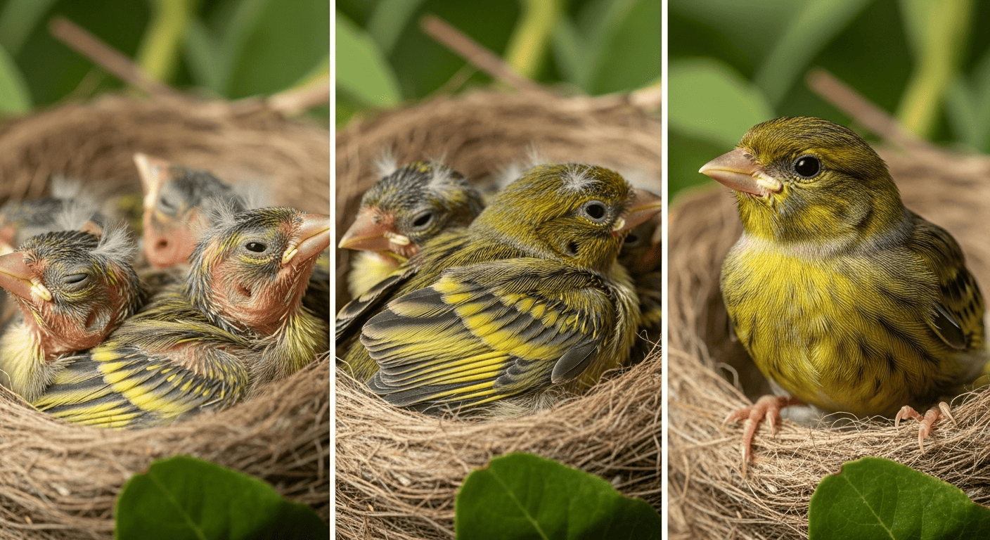 Canary chick growth stages from newly hatched to young fledgling in the nest