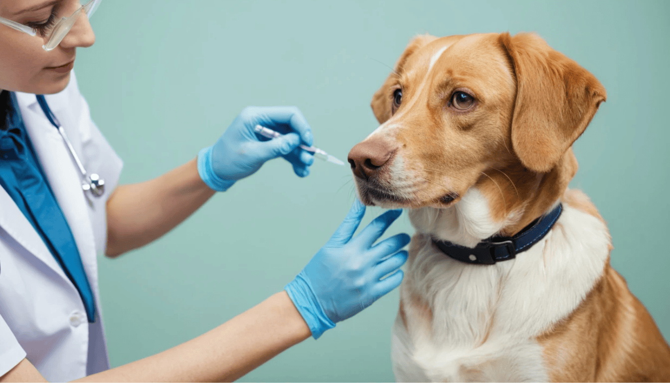"A female veterinarian in a white lab coat with blue trim and gloves administers a nasal spray core dog vaccine to a calm brown dog with a white chest and muzzle.