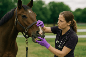 A veterinarian wearing purple gloves examines the teeth of a brown horse in an outdoor setting, demonstrating the importance of **Equine Veterinary Care**. The scene highlights the attentive and hands-on approach to ensuring the health and well-being of horses.