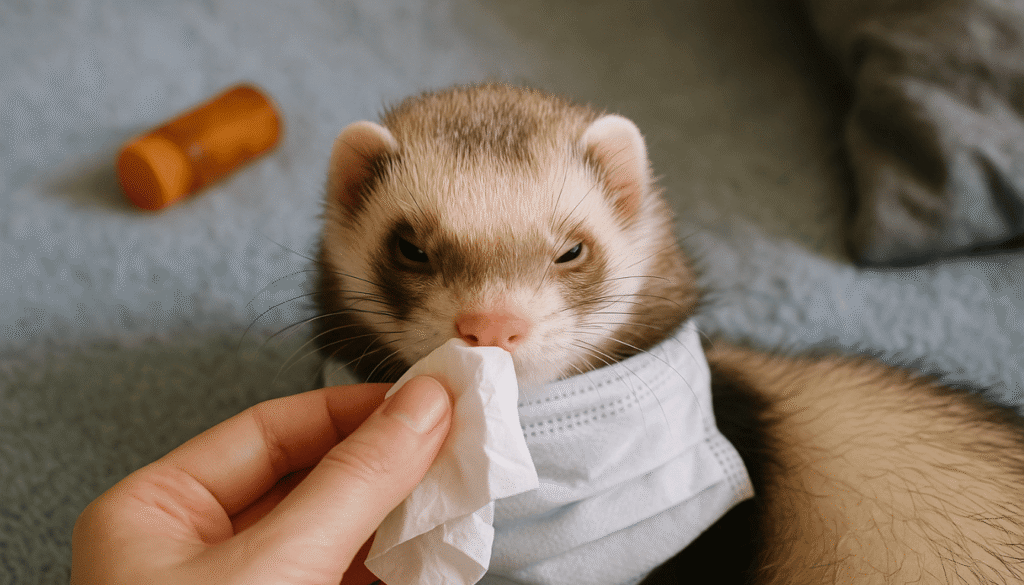 A ferret wearing a face mask is being gently wiped with a tissue, illustrating potential Ferret Flu Symptoms such as sneezing or nasal discharge. The background includes an orange pill bottle, suggesting care and treatment for the ferret's health.