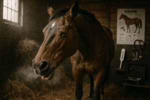 A close-up of a horse in a stable, showing signs of respiratory distress with its mouth slightly open and steam visible from its nostrils. The background includes hay bedding, veterinary tools, and an equine anatomy chart on the wall, highlighting the importance of recognizing Horse Respiratory Issues .