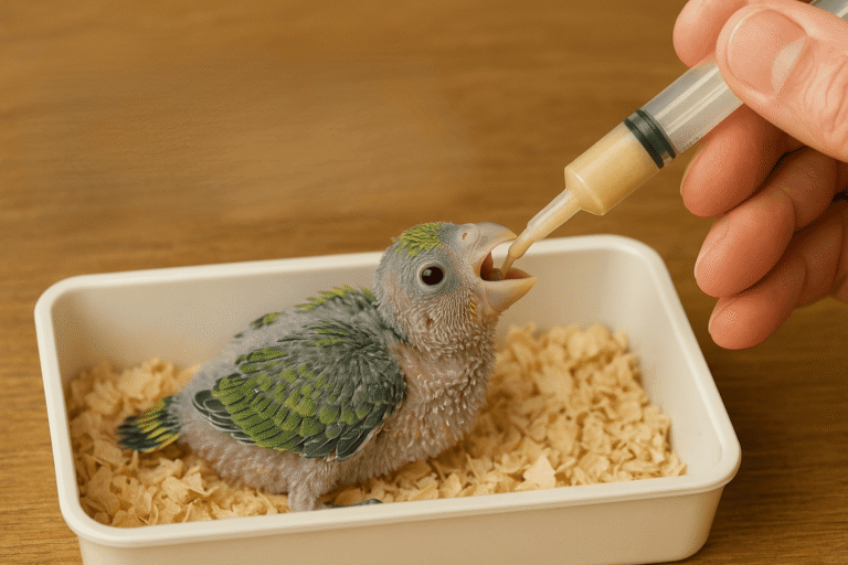 A person is hand-feeding a parakeet chick with a syringe, carefully administering nourishment to the young bird. The parakeet chick, with its vibrant green and gray feathers, is nestled in a white container lined with wood shavings, emphasizing the delicate care required for Parakeet Chick Care . The image highlights the nurturing process essential for ensuring the health and growth of young parakeets.