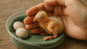 A tender hand gently cradles a fluffy yellow chick in a soft green nest, showcasing the delicate care required for pet birds. Beside the chick are two smooth white eggs, emphasizing the nurturing environment essential for chick care and development.