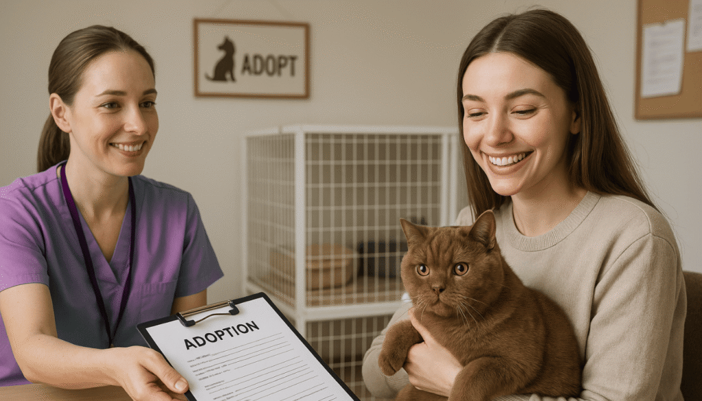 Two women are sitting at a table in an adoption center. One woman, wearing purple scrubs, is holding a clipboard with an "Adoption" form. The other woman is smiling warmly while holding a brown British Shorthair cat on her lap. In the background, there is a sign that says "ADOPT" and a pet cage, indicating a welcoming environment for animal adoptions.