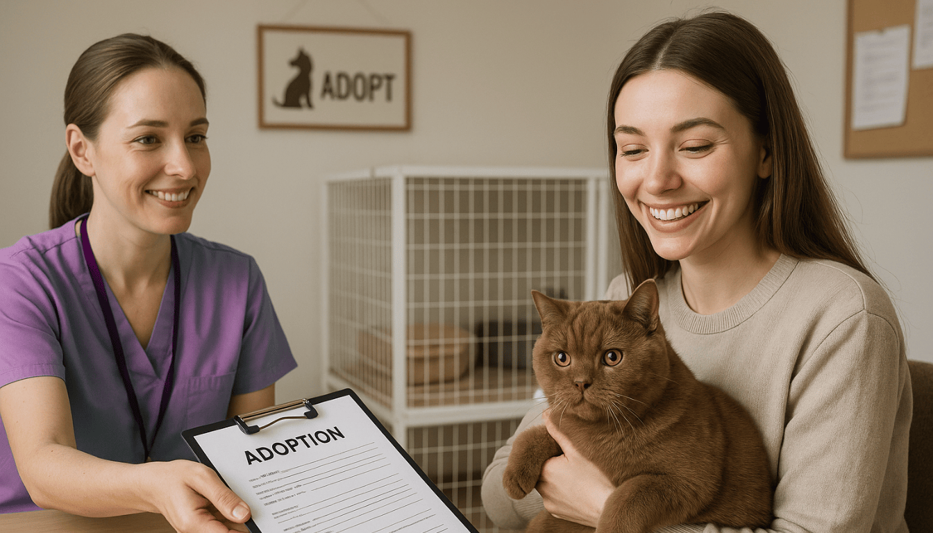 Two women are sitting at a table in an adoption center. One woman, wearing purple scrubs, is holding a clipboard with an "Adoption" form. The other woman is smiling warmly while holding a brown British Shorthair cat on her lap. In the background, there is a sign that says "ADOPT" and a pet cage, indicating a welcoming environment for animal adoptions.