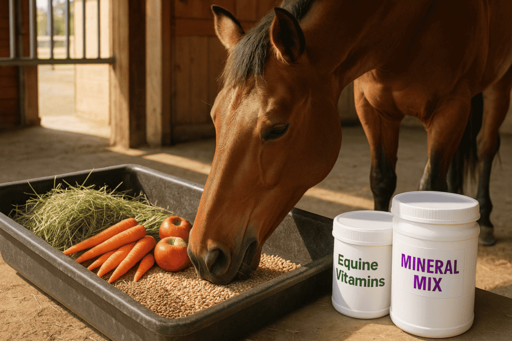 A brown horse is feeding from a trough filled with fresh hay, carrots, and an apple in a well-lit stable. Next to the trough are labeled containers of horse vitamin supplements , including "Equine Vitamins" and "Mineral Mix," emphasizing the importance of balanced nutrition for equine health.