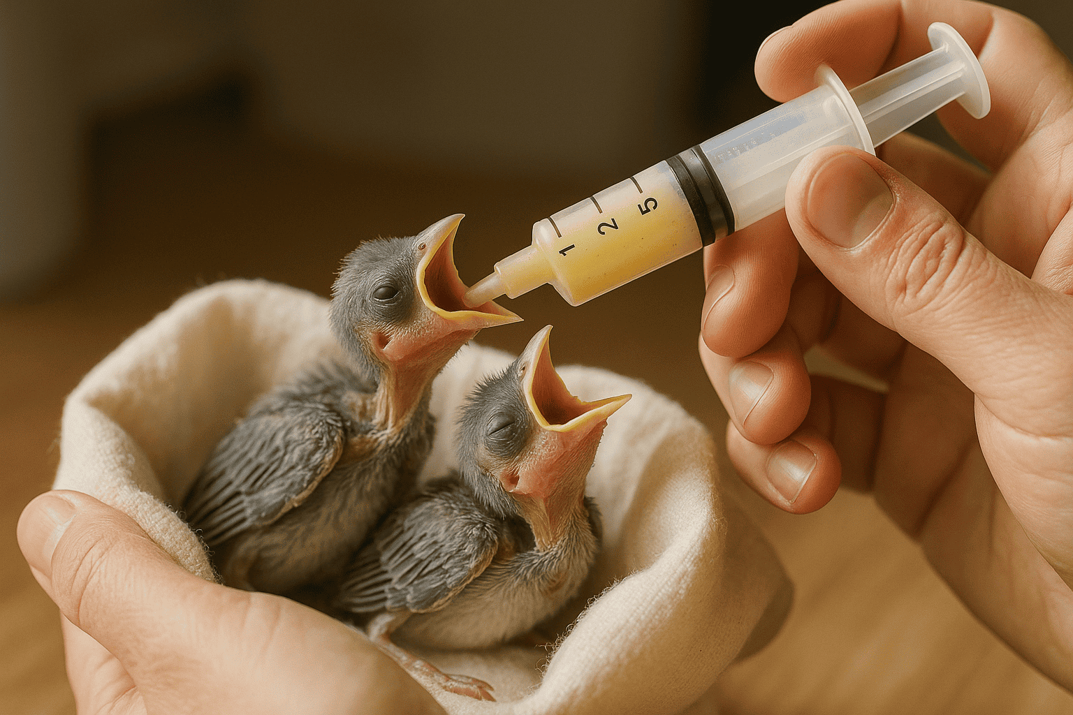Two small, fluffy baby birds are nestled in a soft cloth, their beaks wide open as they eagerly receive food from a syringe held by a person's hand. This image illustrates the gentle and nurturing process of feeding baby birds, highlighting the importance of proper care for young birds." How to Care for Baby Birds