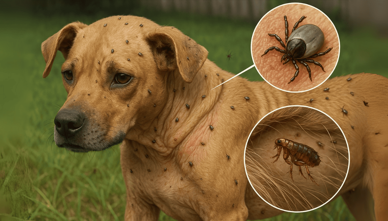 A brown dog severely infested with fleas and ticks, with numerous ticks visible on its skin. The image includes two zoomed-in insets: one showing a close-up of a tick attached to the skin, and the other displaying a flea nestled in the fur. The scene illustrates the impact of fleas and ticks on dogs.
