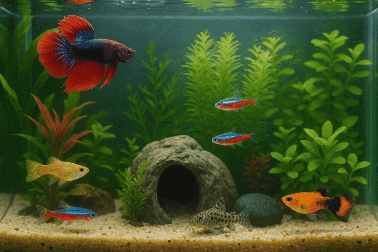 A colorful and lively freshwater aquarium scene featuring a variety of fish suitable for beginners. The tank is filled with vibrant aquatic plants, creating a lush and natural environment. A striking red betta fish stands out near the surface, accompanied by smaller neon tetras and other beginner-friendly species swimming gracefully. Decorative elements such as a rock cave and smooth stones enhance the habitat, making it an ideal setup for those new to freshwater fish keeping. Freshwater Fish for Beginners .