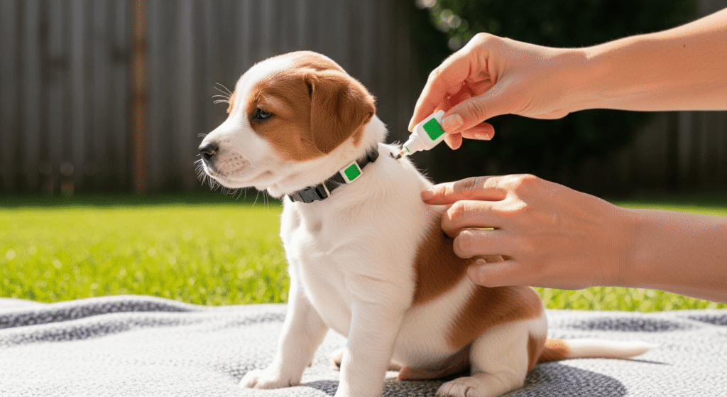 A realistic photo of a small puppy sitting on a blanket in a backyard while a person applies topical treatment between its shoulders, showing effective flea and tick prevention for puppies.
