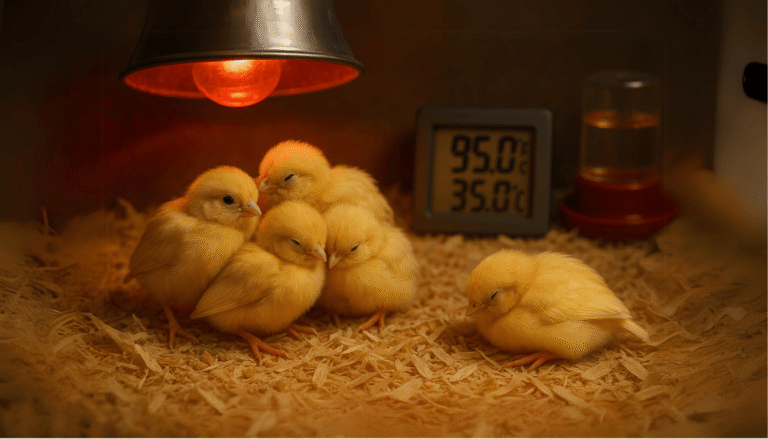 A group of fluffy yellow bird chicks huddled together under a heat lamp, with a thermometer displaying 95.0°C (35.0°C), demonstrating how to keep bird chicks warm