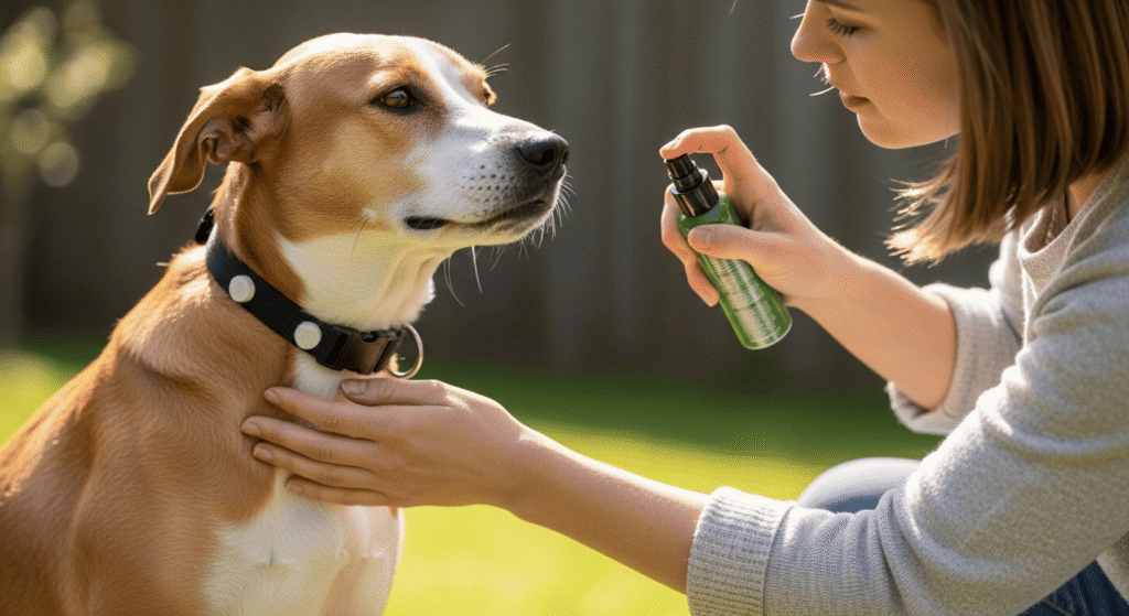 A woman applying flea and tick spray to a healthy dog wearing a flea collar in a sunny backyard, illustrating how to prevent fleas and ticks in dogs.