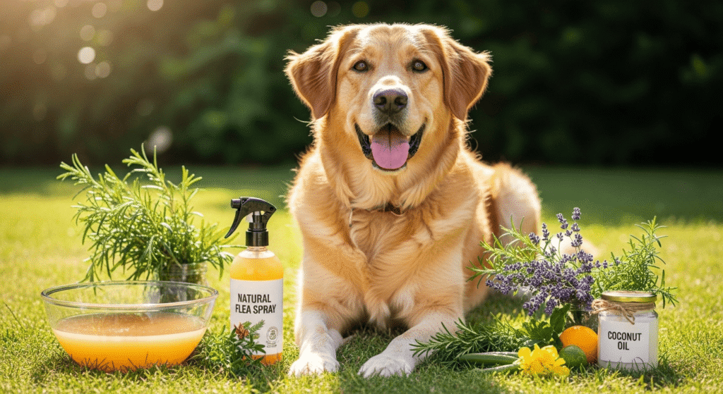 A happy dog sitting on the grass next to natural flea repellents for dogs, including a bottle of natural flea spray, fresh rosemary, lavender, coconut oil, and citrus fruits. The scene is bathed in sunlight, emphasizing a natural, healthy environment for pets.