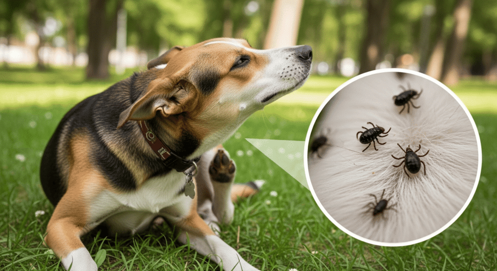A dog sitting on grass in a park, with an inset image showing fleas and ticks on its fur. The text "how fleas and ticks spread in dogs naturally" is included to highlight the natural ways these parasites can infest pets.